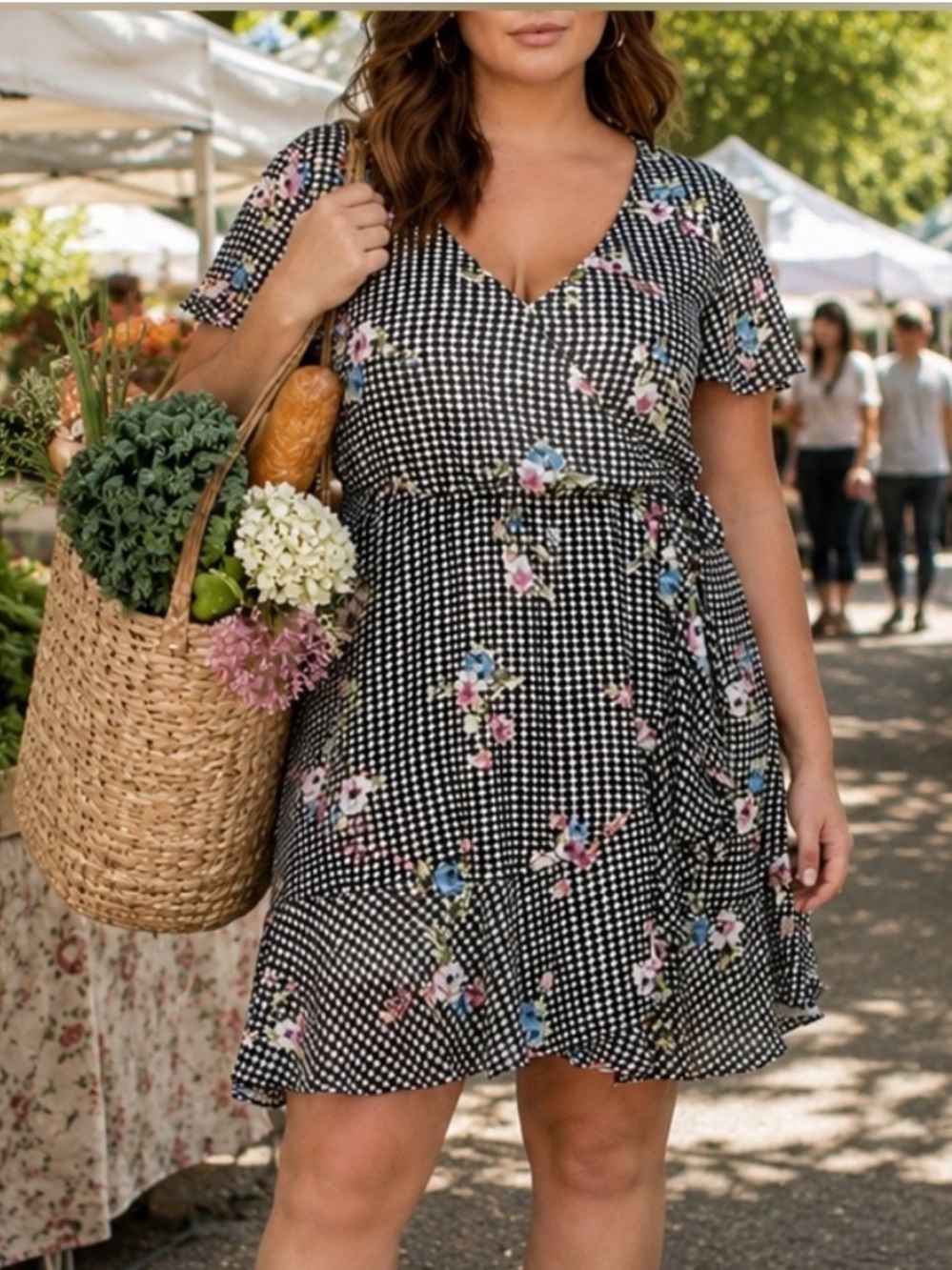 Michel Studio Dress Size 18 Gingham Floral Wrap Style